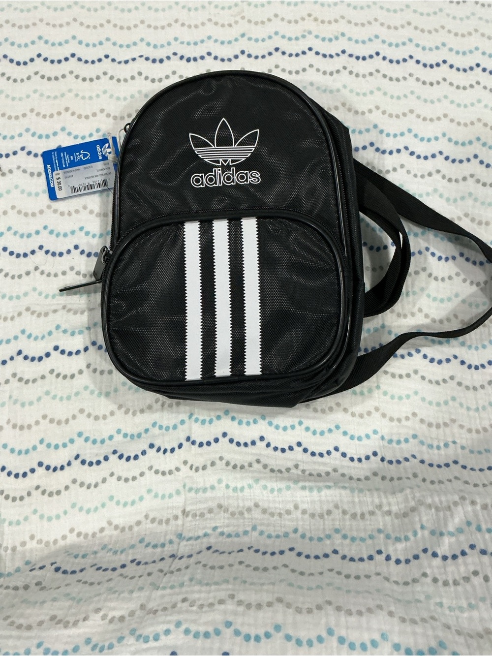 adidas Black Mini Backpack with White Stripes and Trefoil Logo